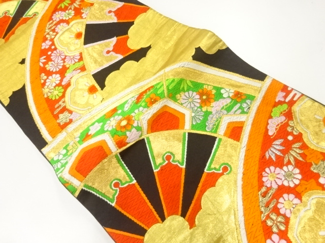 JAPANESE KIMONO / ANTIQUE FUKURO OBI / SILK / WOVEN WHEEL & FLOWER